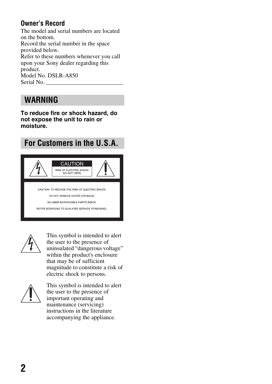 Warning for customers in the u.s.a | Sony DSLR-A850 User Manual | Page 2 / 171