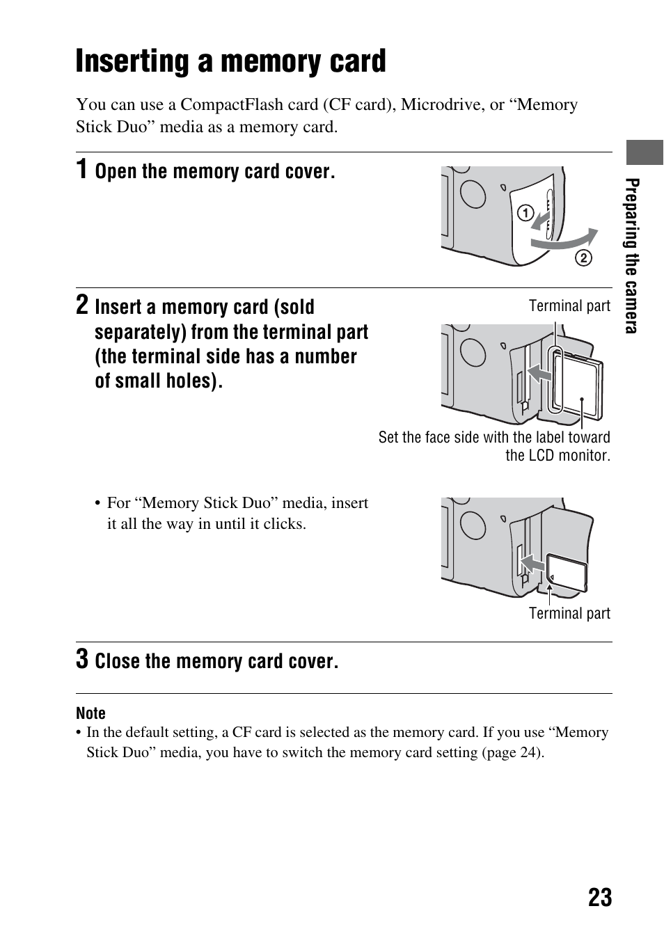 Inserting a memory card | Sony DSLR-A850 User Manual | Page 23 / 171