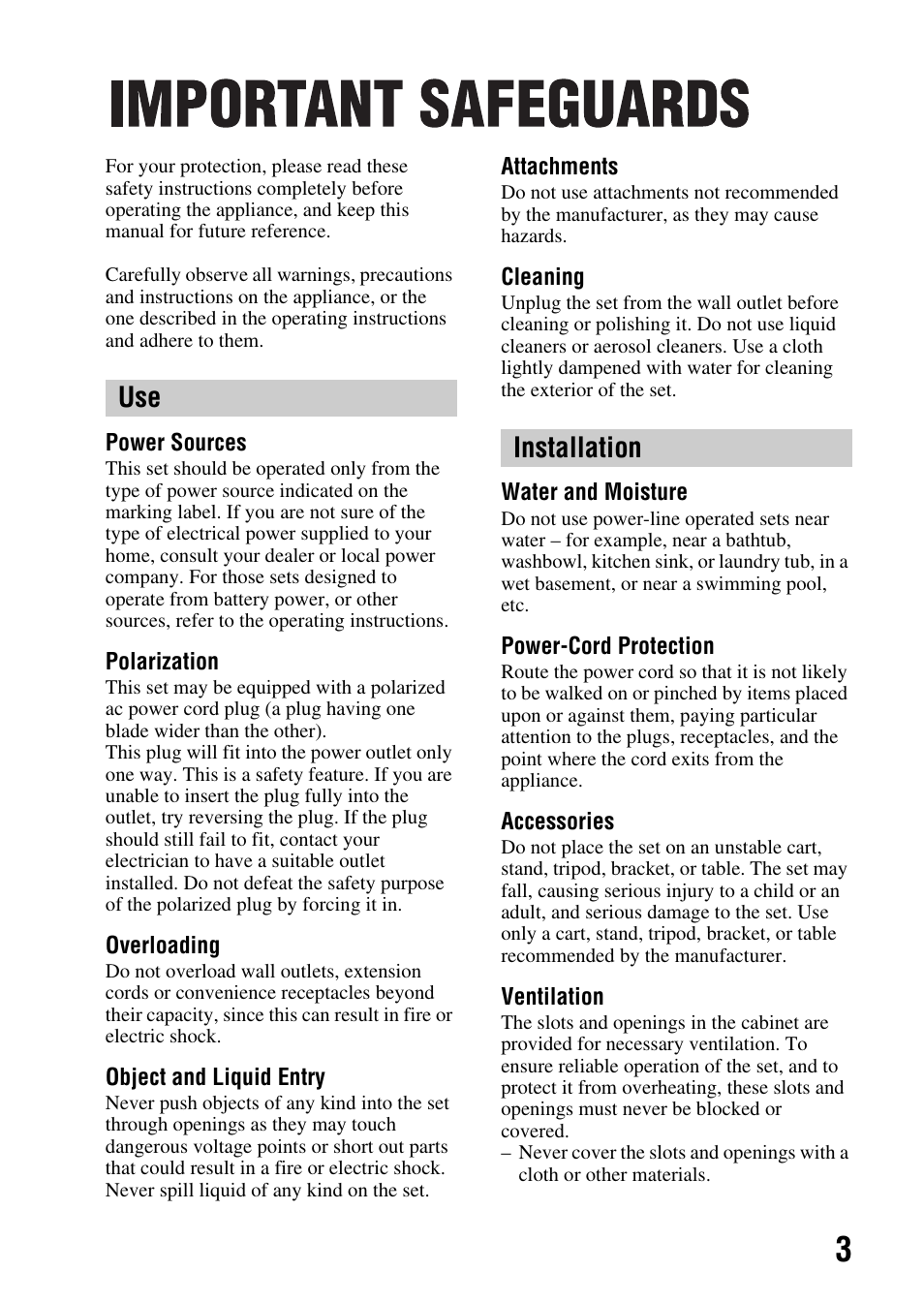 Important safeguards, Use installation | Sony DSLR-A850 User Manual | Page 3 / 171