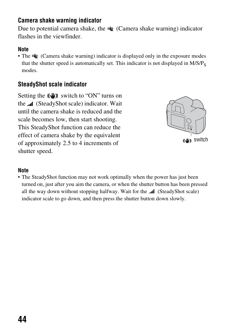 T) switch (44), E (44) | Sony DSLR-A850 User Manual | Page 44 / 171