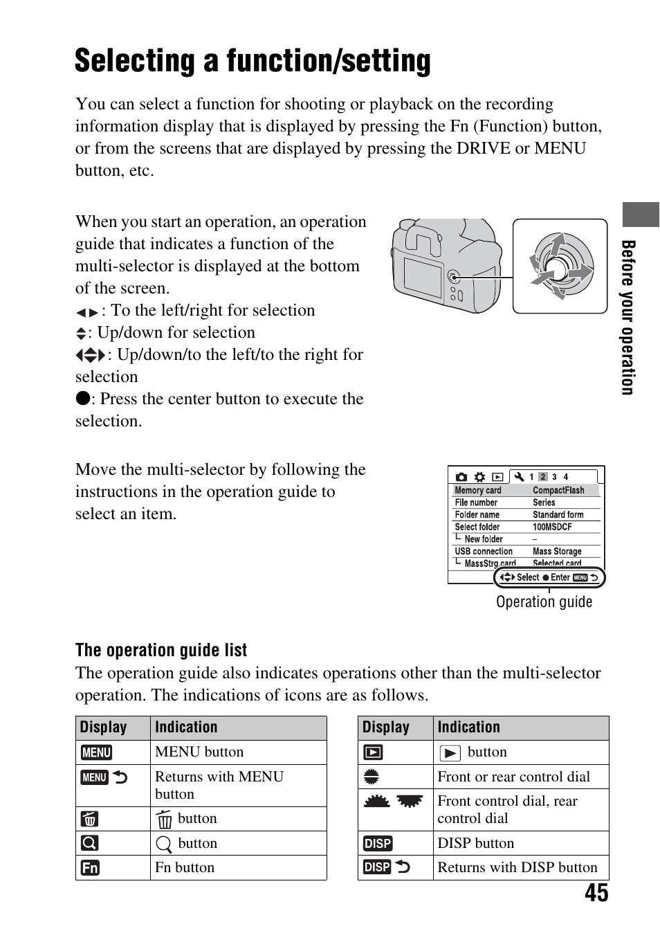 Selecting a function/setting | Sony DSLR-A850 User Manual | Page 45 / 171