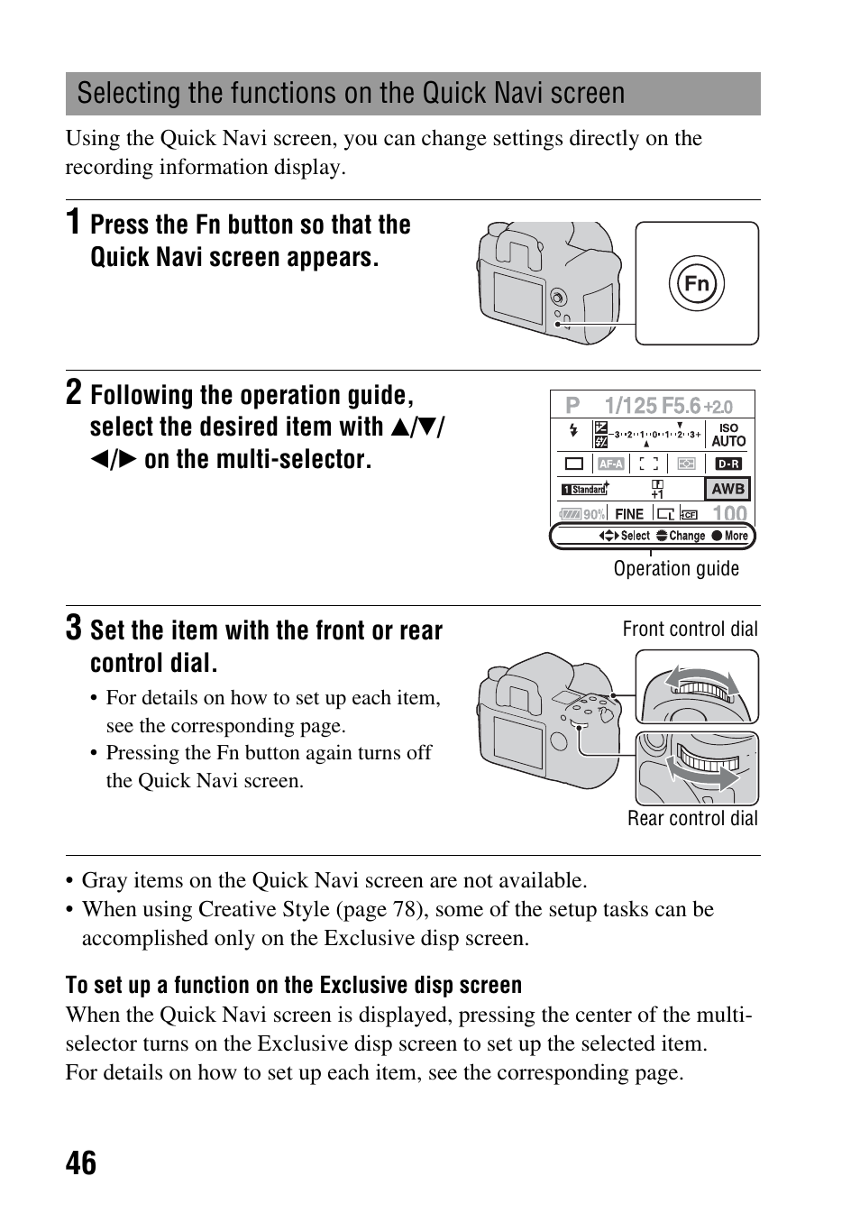 Selecting the functions on the quick navi screen, N (46), L dial (46 | Sony DSLR-A850 User Manual | Page 46 / 171