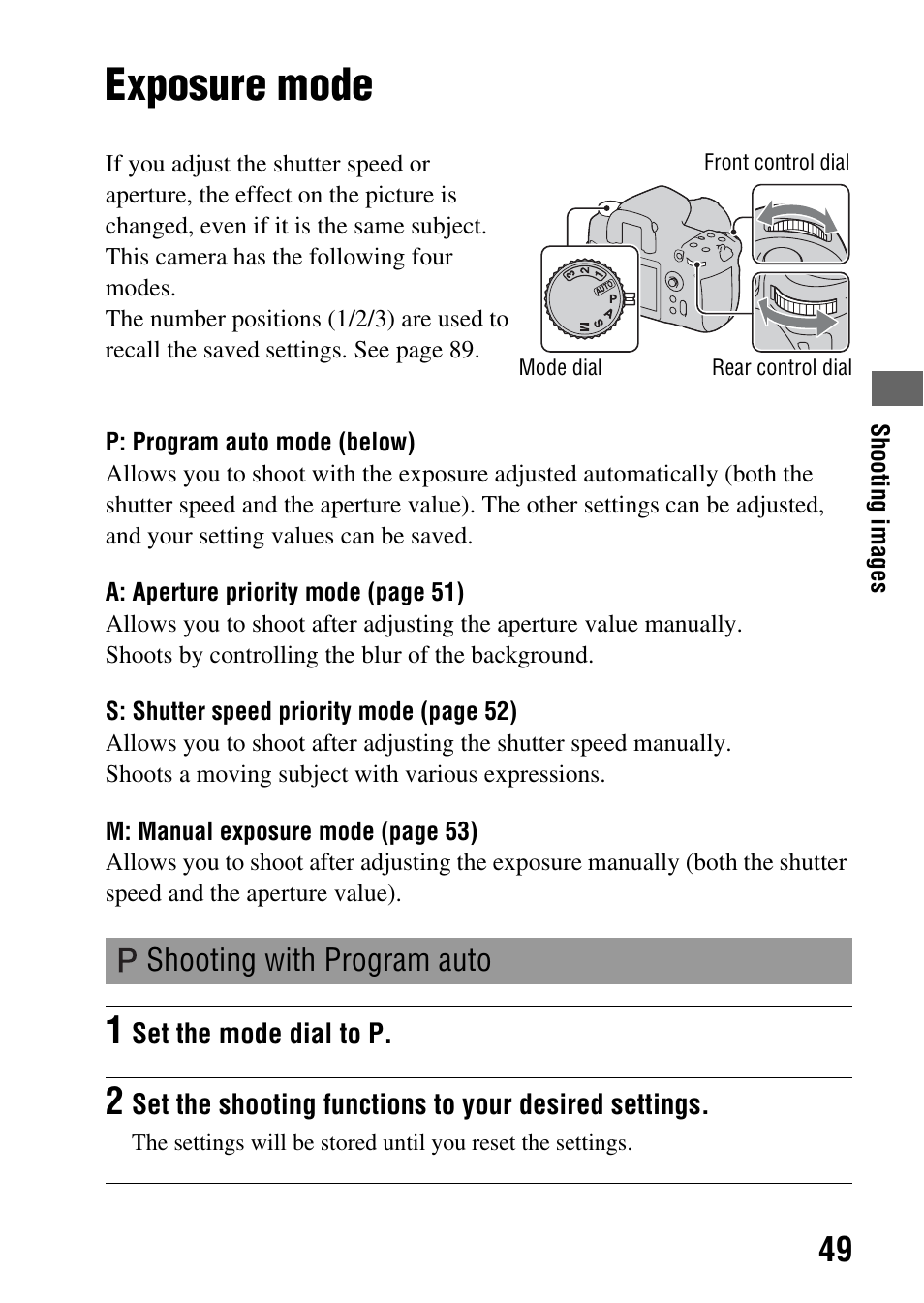 Exposure mode, Shooting with program auto | Sony DSLR-A850 User Manual | Page 49 / 171