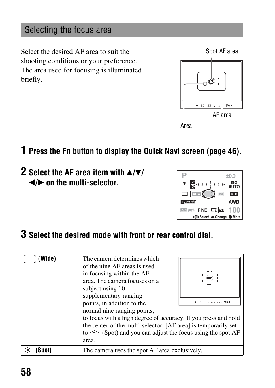 Selecting the focus area, Ea (58) | Sony DSLR-A850 User Manual | Page 58 / 171