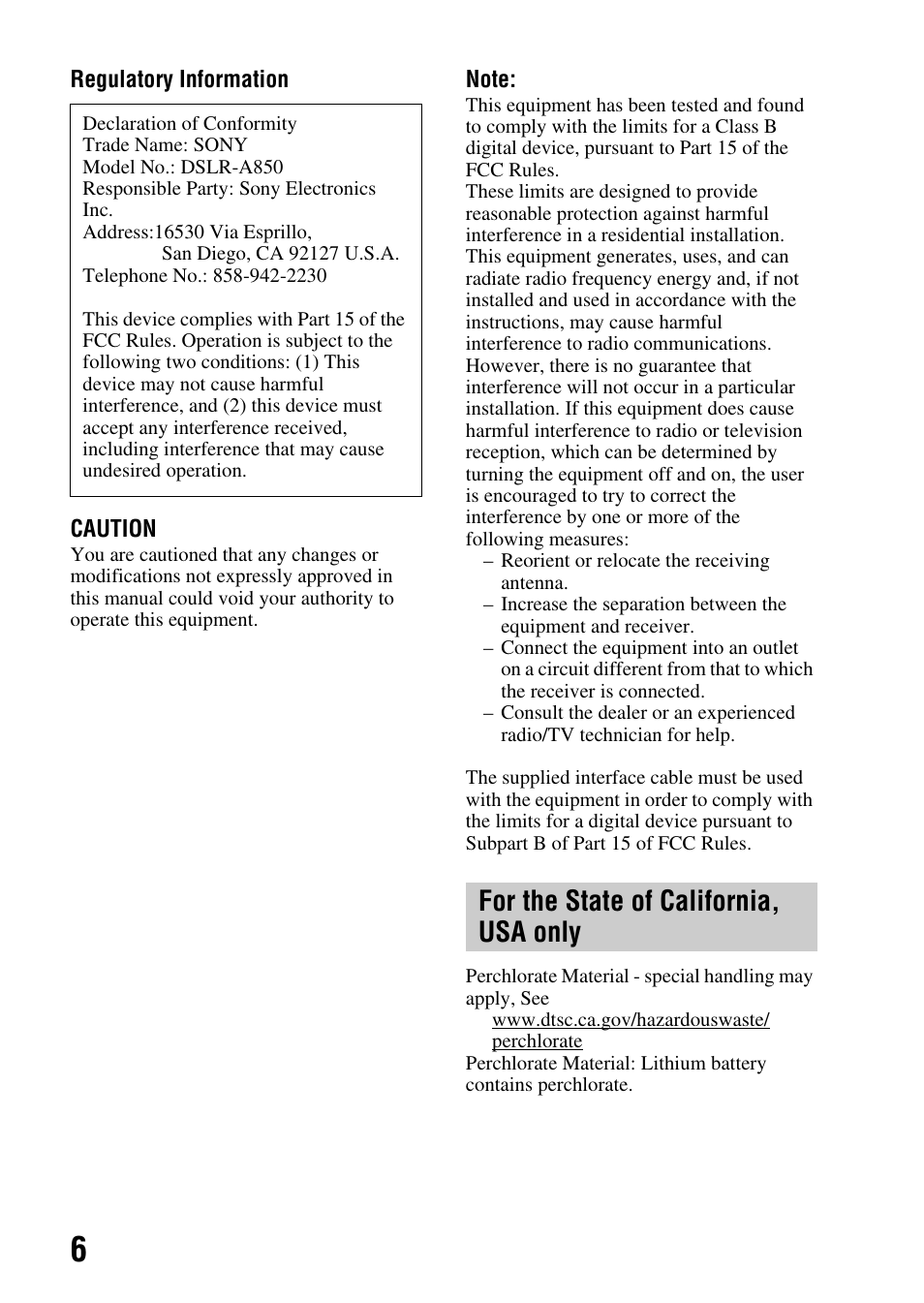 For the state of california, usa only | Sony DSLR-A850 User Manual | Page 6 / 171