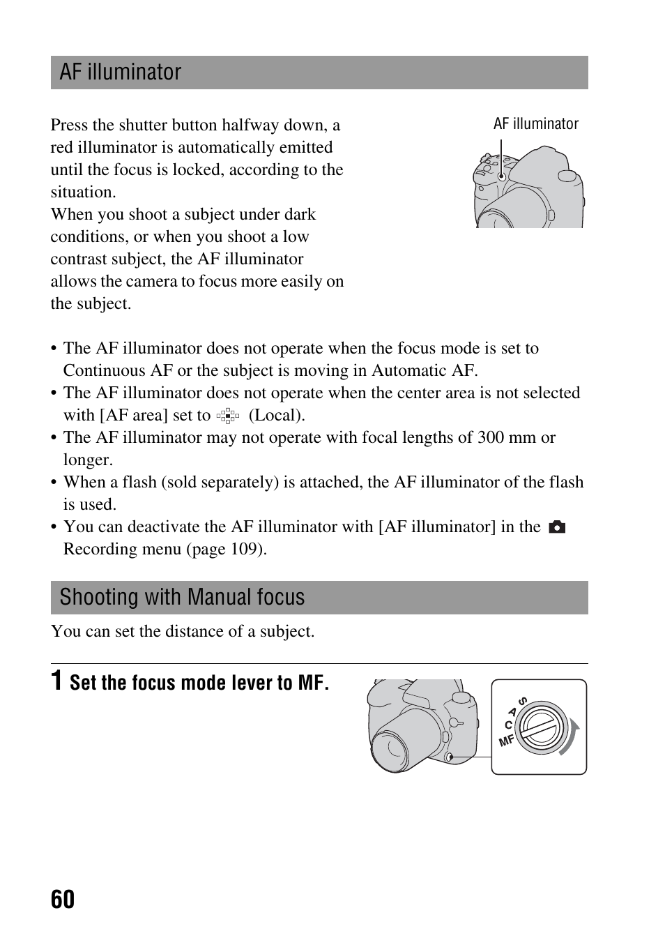 Af illuminator, Shooting with manual focus, Af illuminator shooting with manual focus | 60)/self | Sony DSLR-A850 User Manual | Page 60 / 171