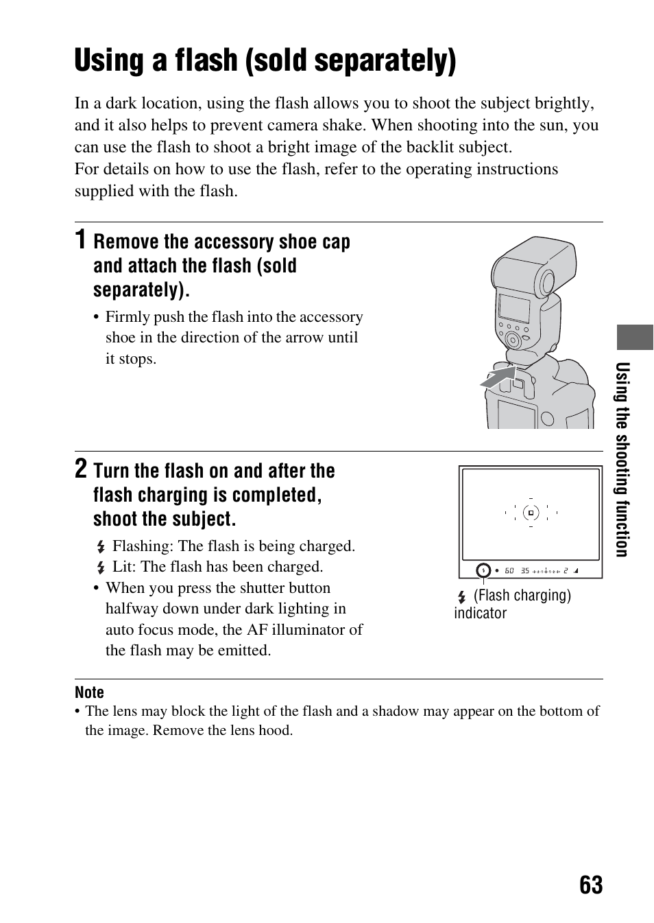 Using a flash (sold separately), De (63), Ng (63) | Sony DSLR-A850 User Manual | Page 63 / 171
