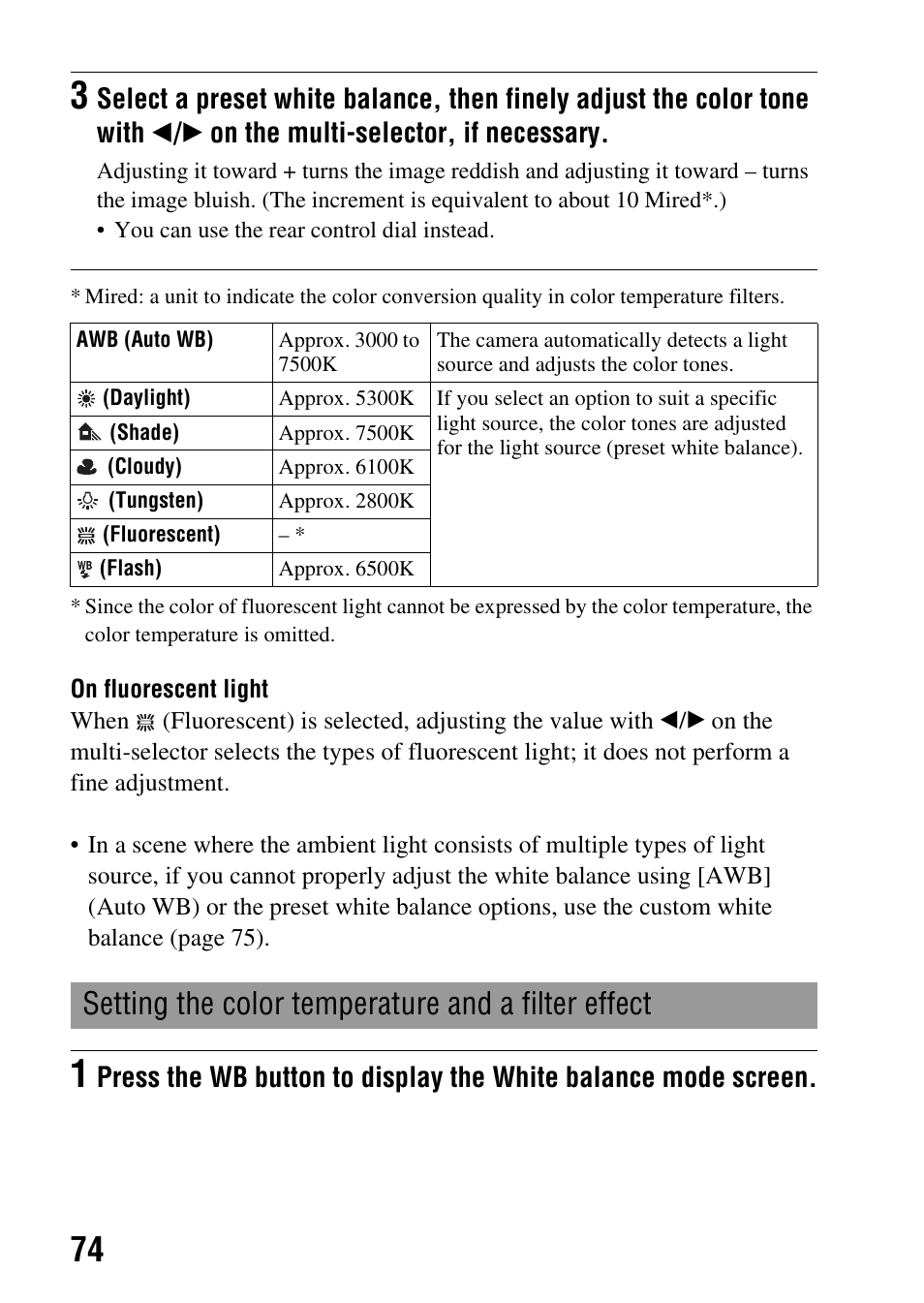 Setting the color temperature and a filter effect | Sony DSLR-A850 User Manual | Page 74 / 171