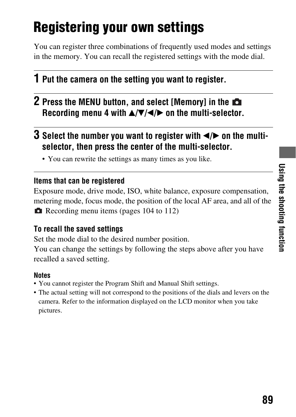 Registering your own settings | Sony DSLR-A850 User Manual | Page 89 / 171