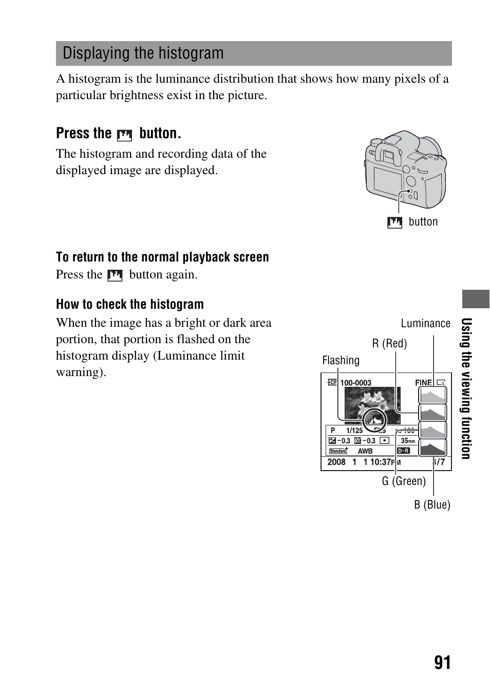 N (91), Displaying the histogram, Press the button | Sony DSLR-A850 User Manual | Page 91 / 171