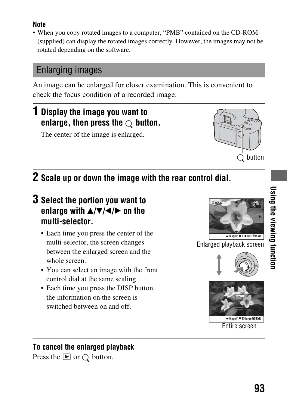 N (93), Enlarging images | Sony DSLR-A850 User Manual | Page 93 / 171