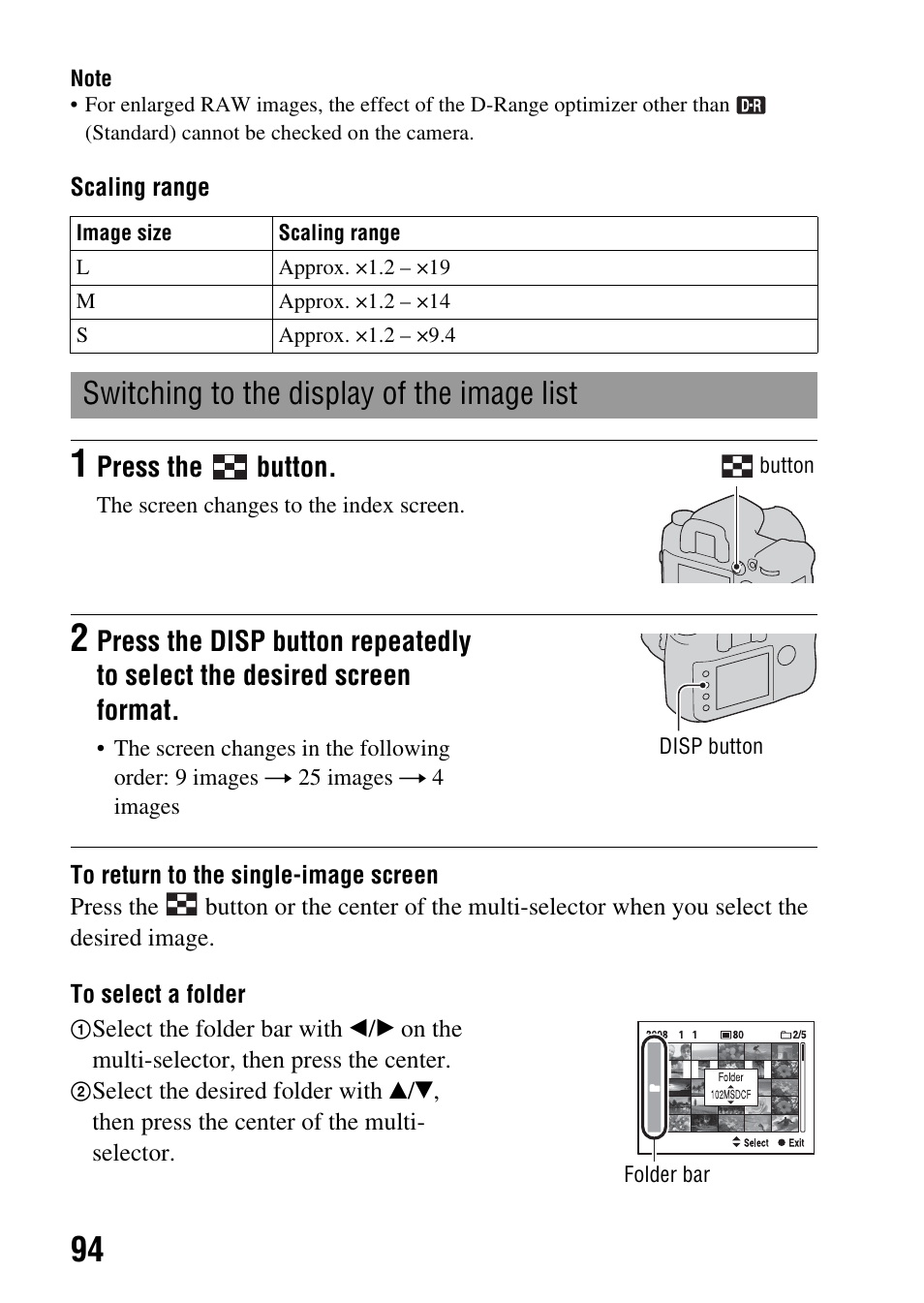 Switching to the display of the image list, Press the button | Sony DSLR-A850 User Manual | Page 94 / 171