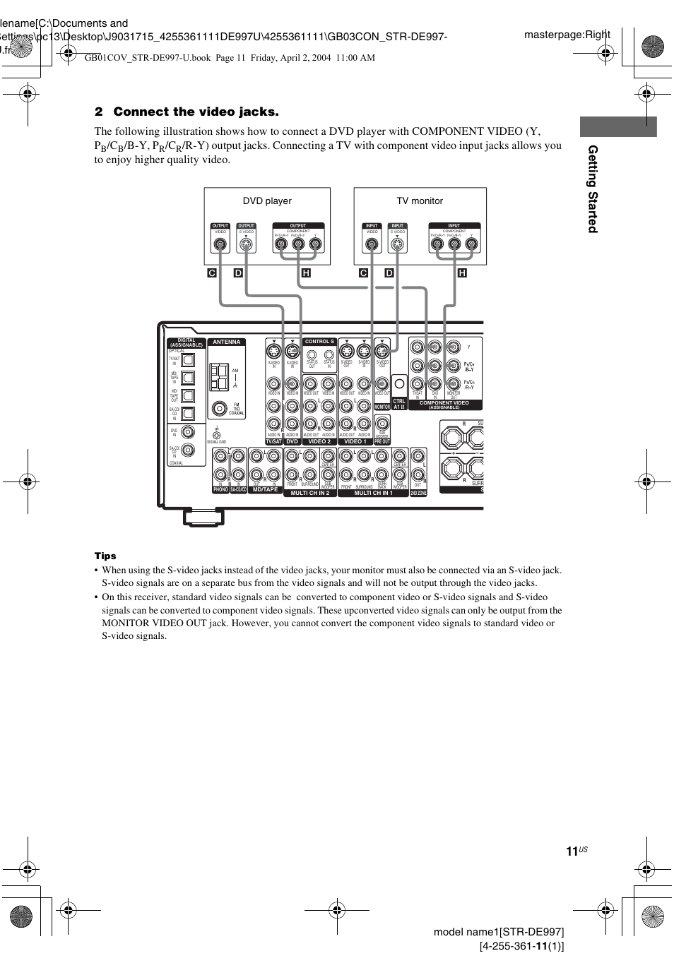 Gettin g star ted, 2connect the video jacks, B-y, p | Tips, Hc d d | Sony STR-DE997 User Manual | Page 11 / 64