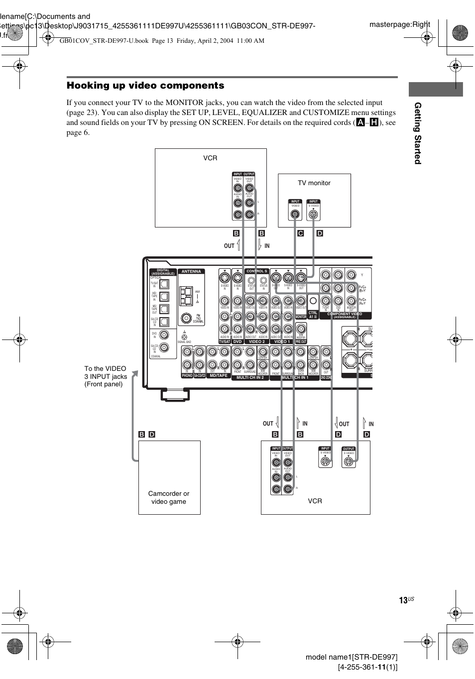 Hooking up video components, Gettin g star ted, H), see page 6 | Bd c, Out l in l out l in l out l b | Sony STR-DE997 User Manual | Page 13 / 64