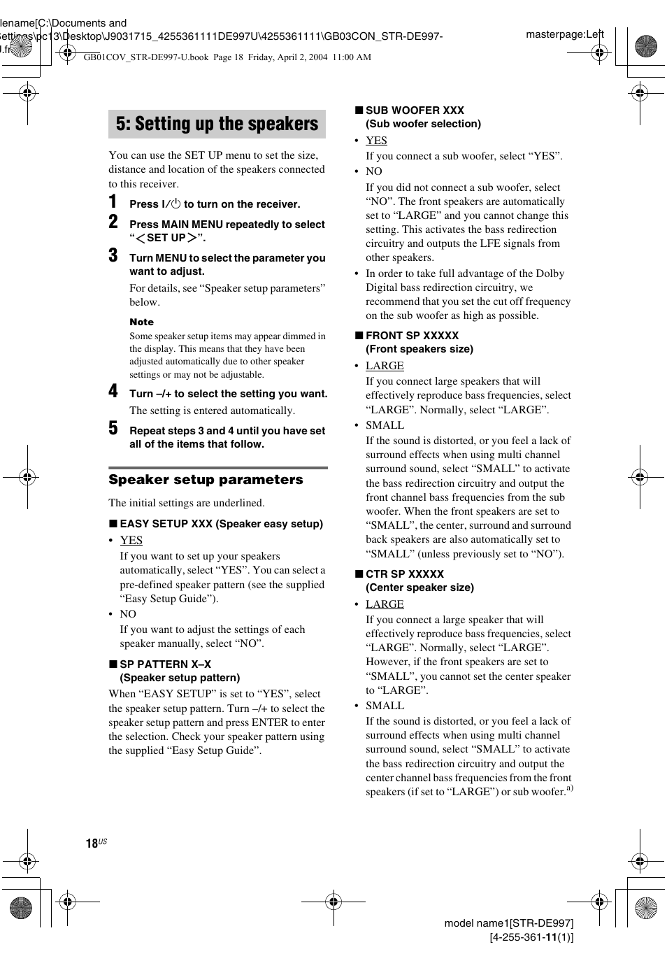 Setting up the speakers | Sony STR-DE997 User Manual | Page 18 / 64