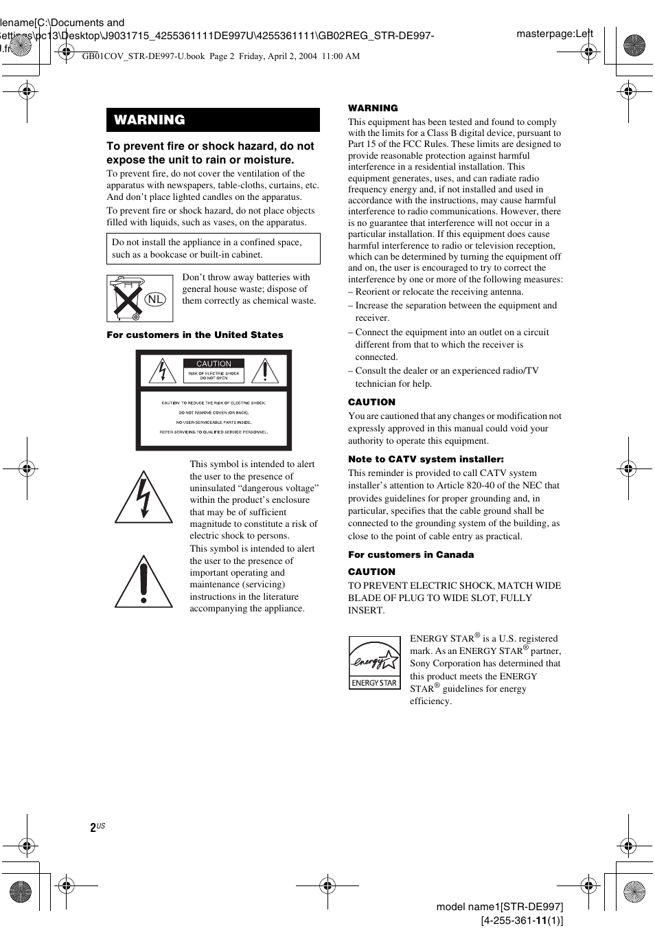 Warning | Sony STR-DE997 User Manual | Page 2 / 64