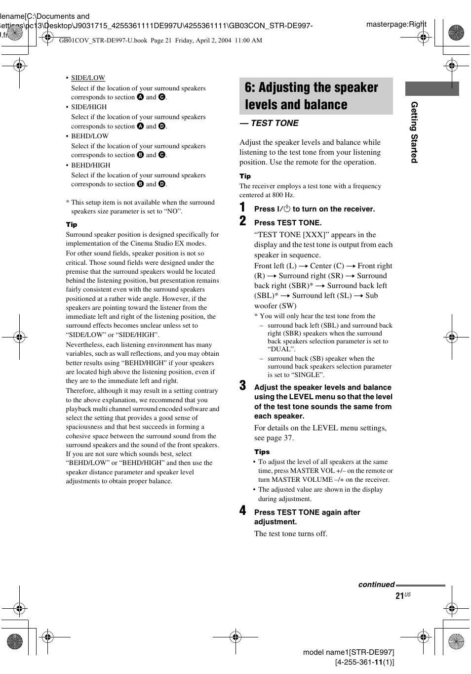 Adjusting the speaker levels and balance, Test tone, Adjusting the speaker levels and | Balance — test tone | Sony STR-DE997 User Manual | Page 21 / 64