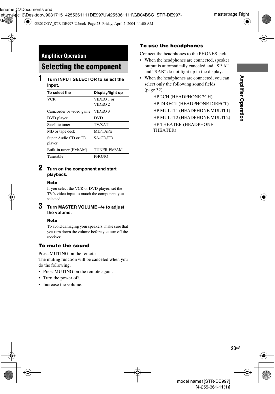 Amplifier operation, Selecting the component | Sony STR-DE997 User Manual | Page 23 / 64