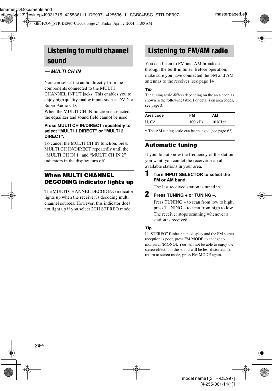 Listening to multi channel sound, Multi ch in, Listening to fm/am radio | Sony STR-DE997 User Manual | Page 24 / 64