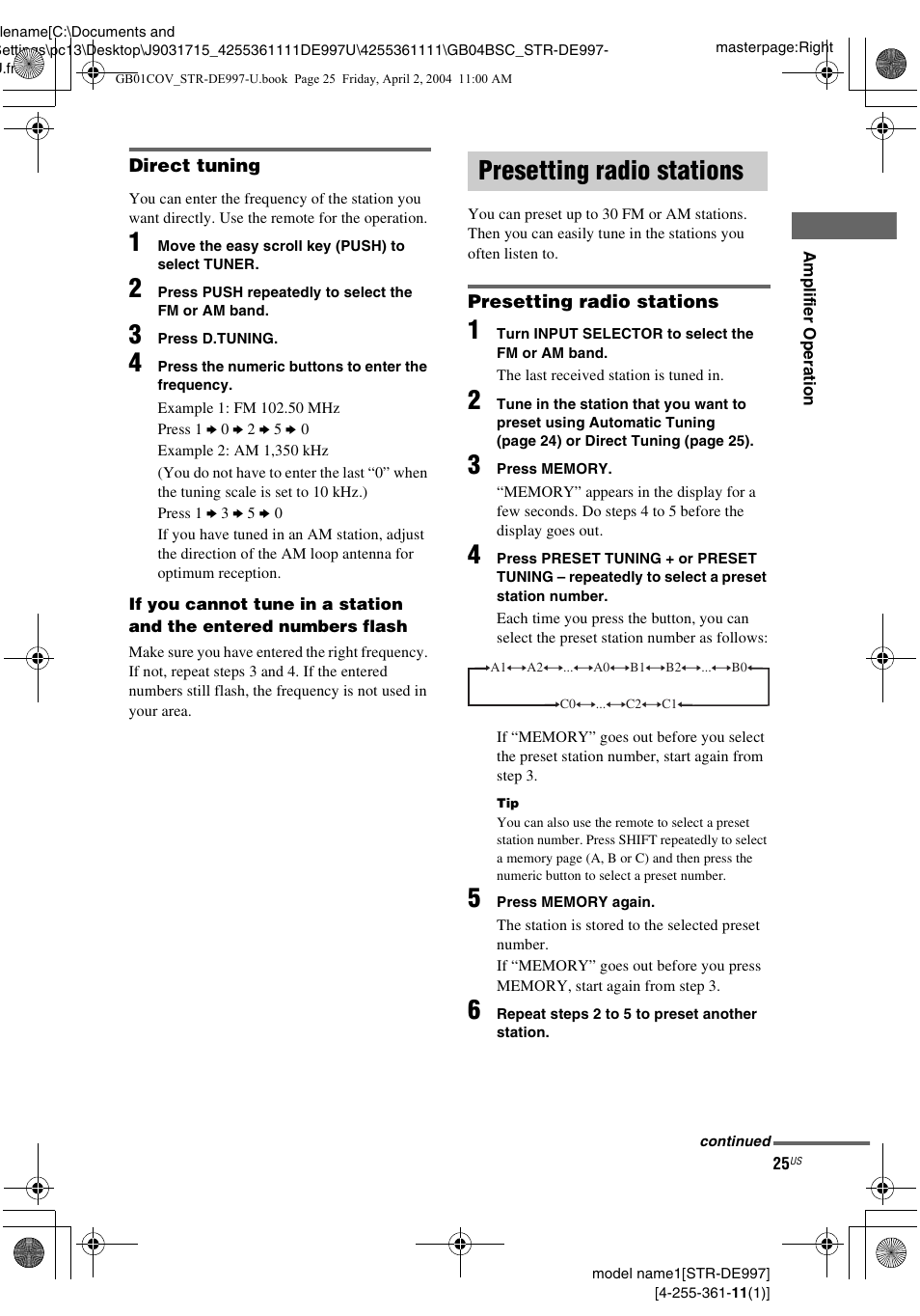 Presetting radio stations | Sony STR-DE997 User Manual | Page 25 / 64