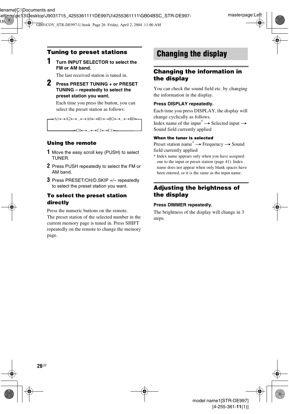 Changing the display | Sony STR-DE997 User Manual | Page 26 / 64