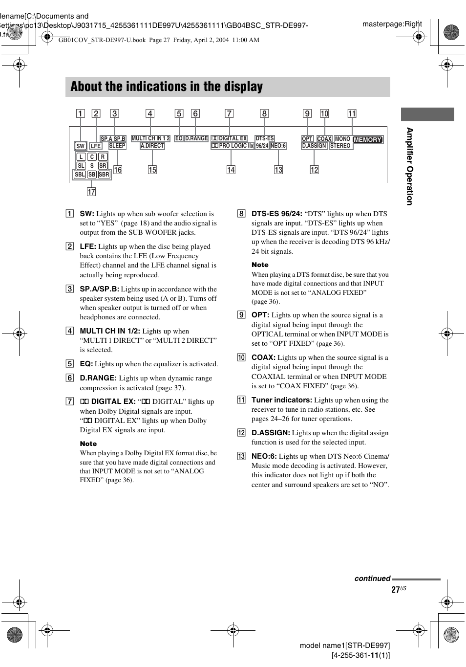 About the indications in the display | Sony STR-DE997 User Manual | Page 27 / 64