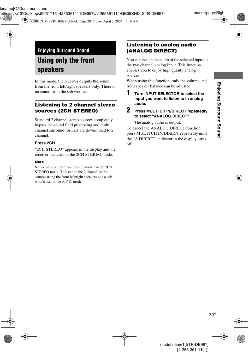 Enjoying surround sound, Using only the front speakers | Sony STR-DE997 User Manual | Page 29 / 64