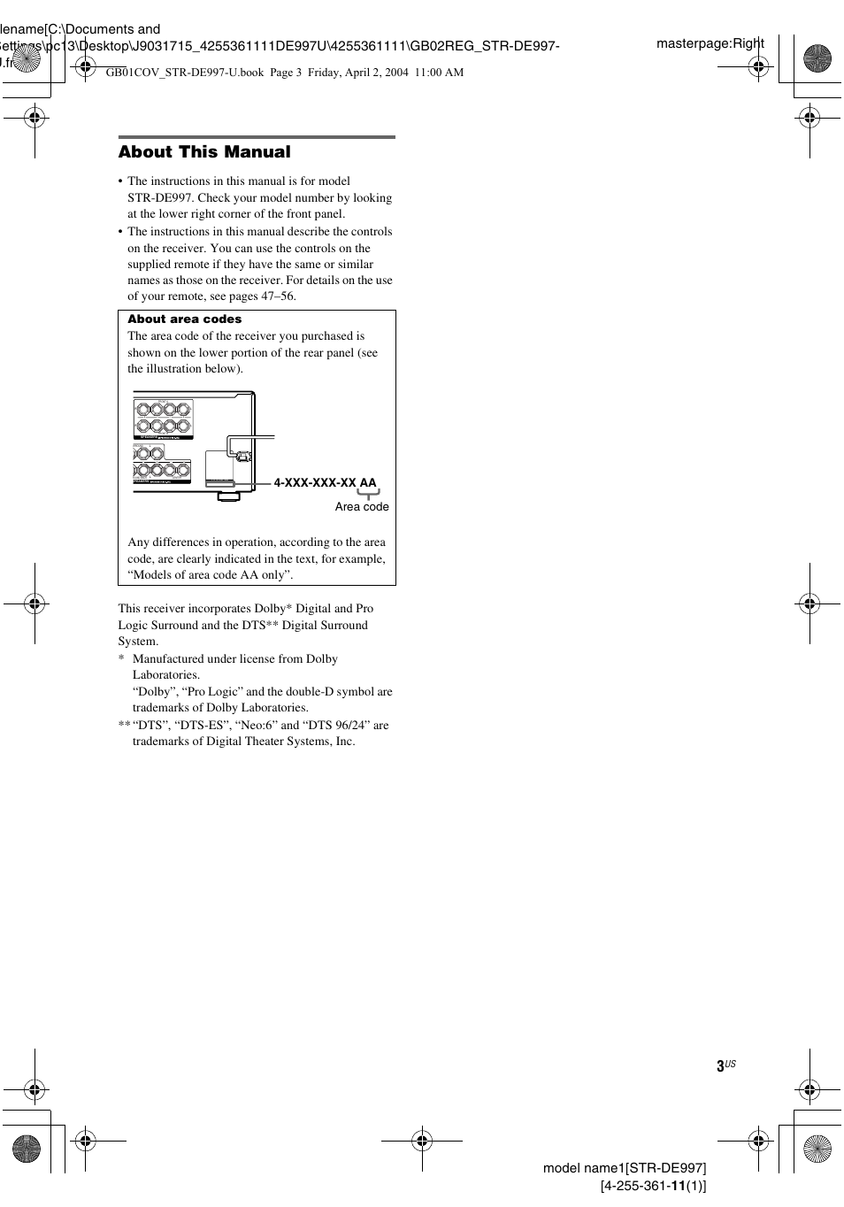 About this manual, About area codes | Sony STR-DE997 User Manual | Page 3 / 64