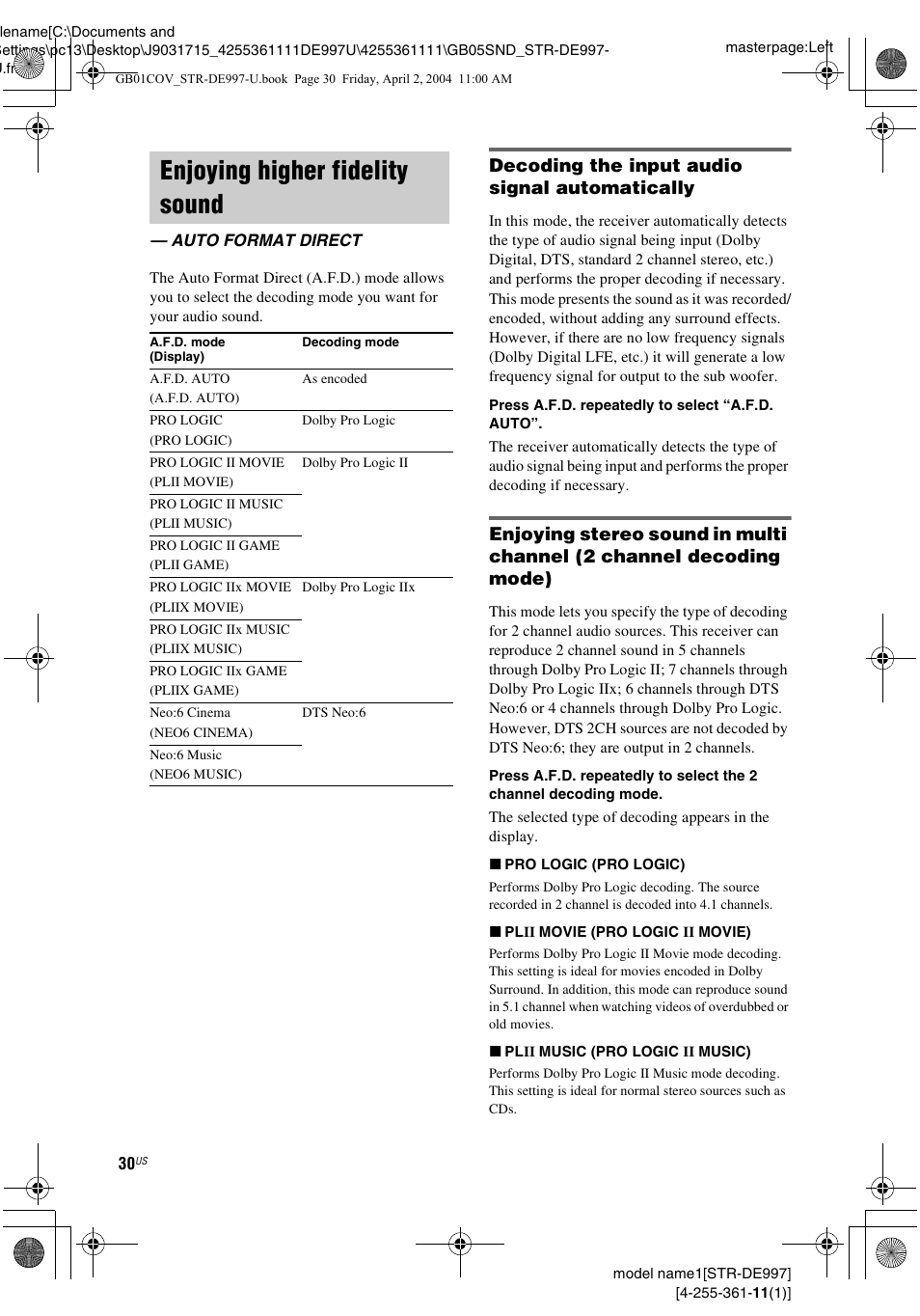 Enjoying higher fidelity sound, Auto format direct, Decoding the input audio signal automatically | Sony STR-DE997 User Manual | Page 30 / 64