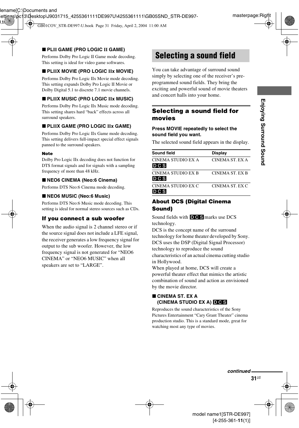 Selecting a sound field, Selecting a sound field for movies | Sony STR-DE997 User Manual | Page 31 / 64