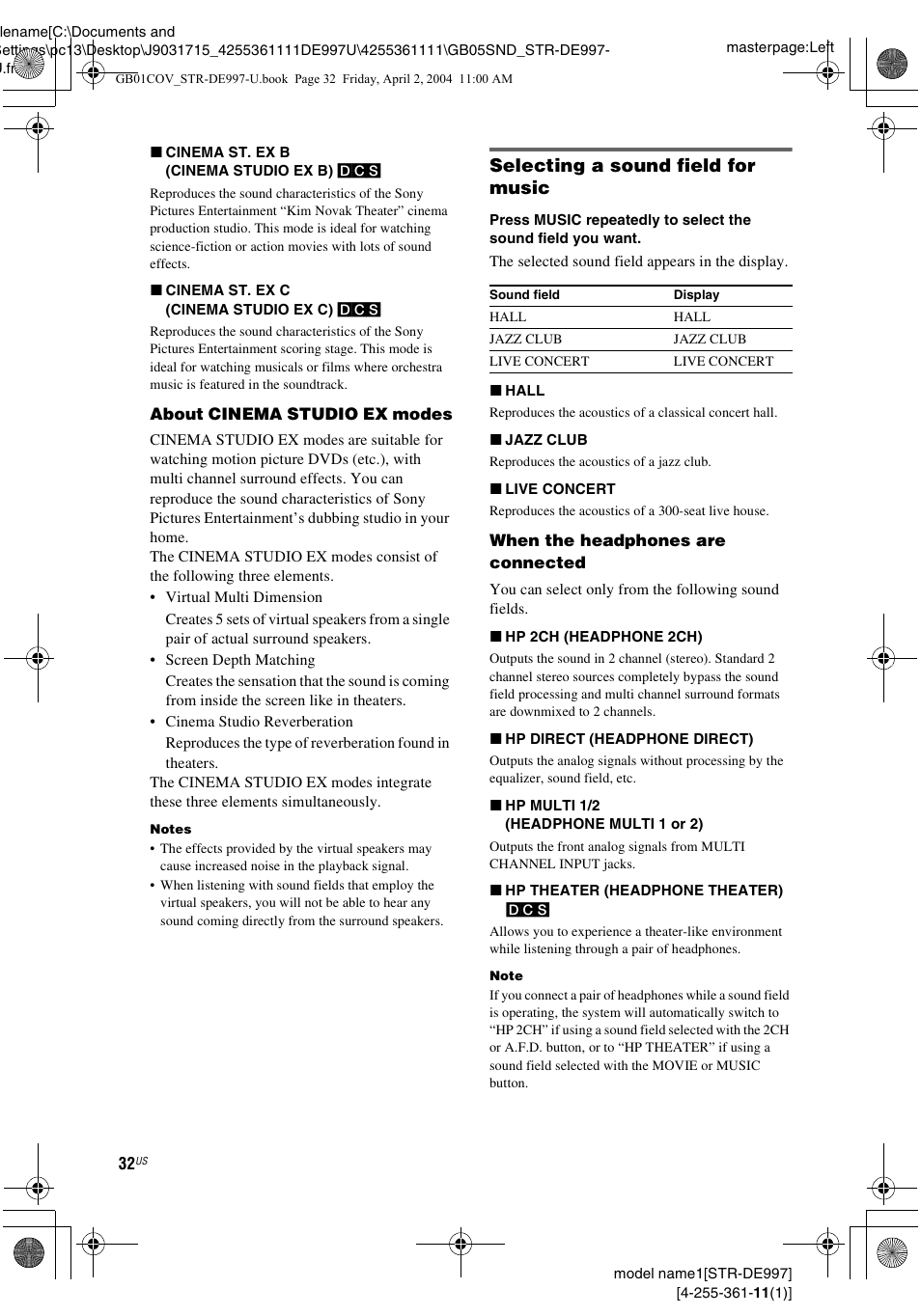 Selecting a sound field for music | Sony STR-DE997 User Manual | Page 32 / 64