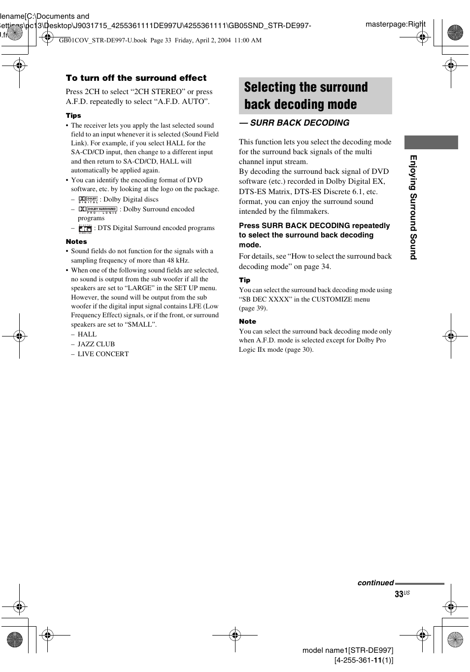 Selecting the surround back decoding mode, Surr back decoding, Selecting the surround back decoding | Mode — surr back decoding | Sony STR-DE997 User Manual | Page 33 / 64