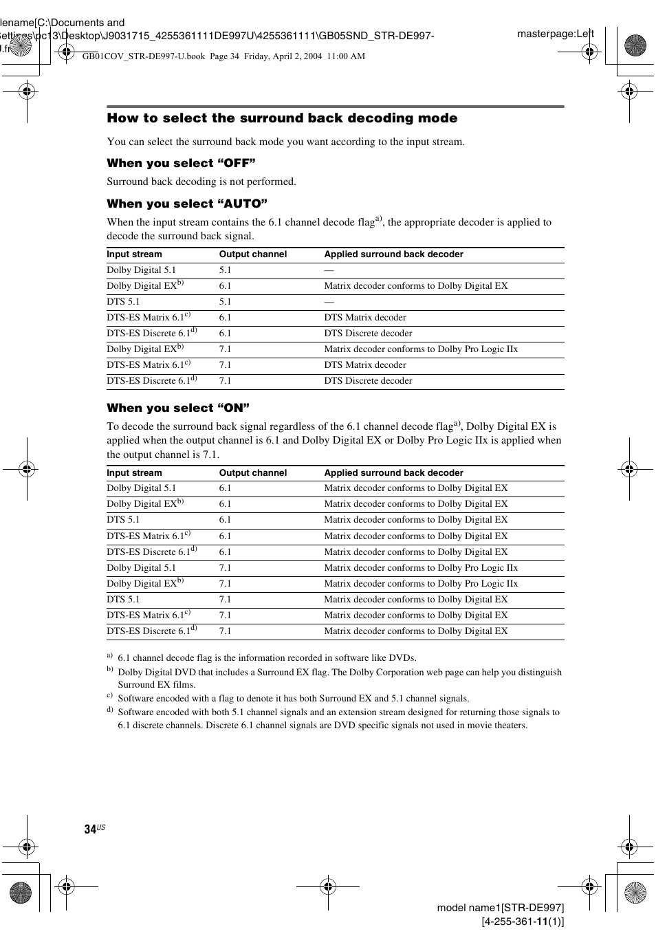 How to select the surround back decoding mode | Sony STR-DE997 User Manual | Page 34 / 64