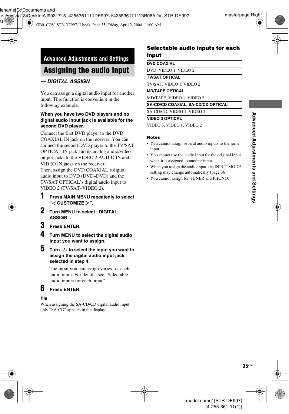 Advanced adjustments and settings, Assigning the audio input, Digital assign | Sony STR-DE997 User Manual | Page 35 / 64