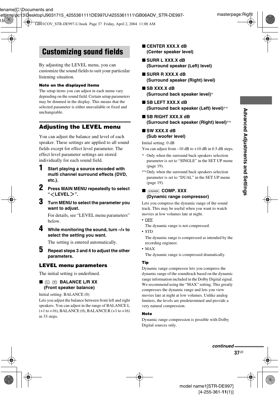 Customizing sound fields | Sony STR-DE997 User Manual | Page 37 / 64