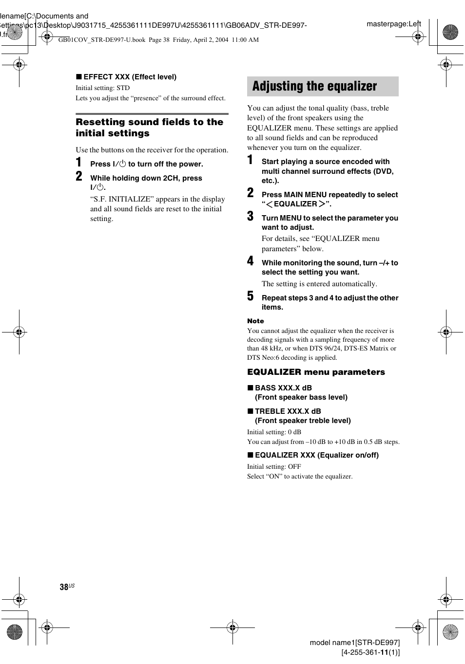 Adjusting the equalizer | Sony STR-DE997 User Manual | Page 38 / 64