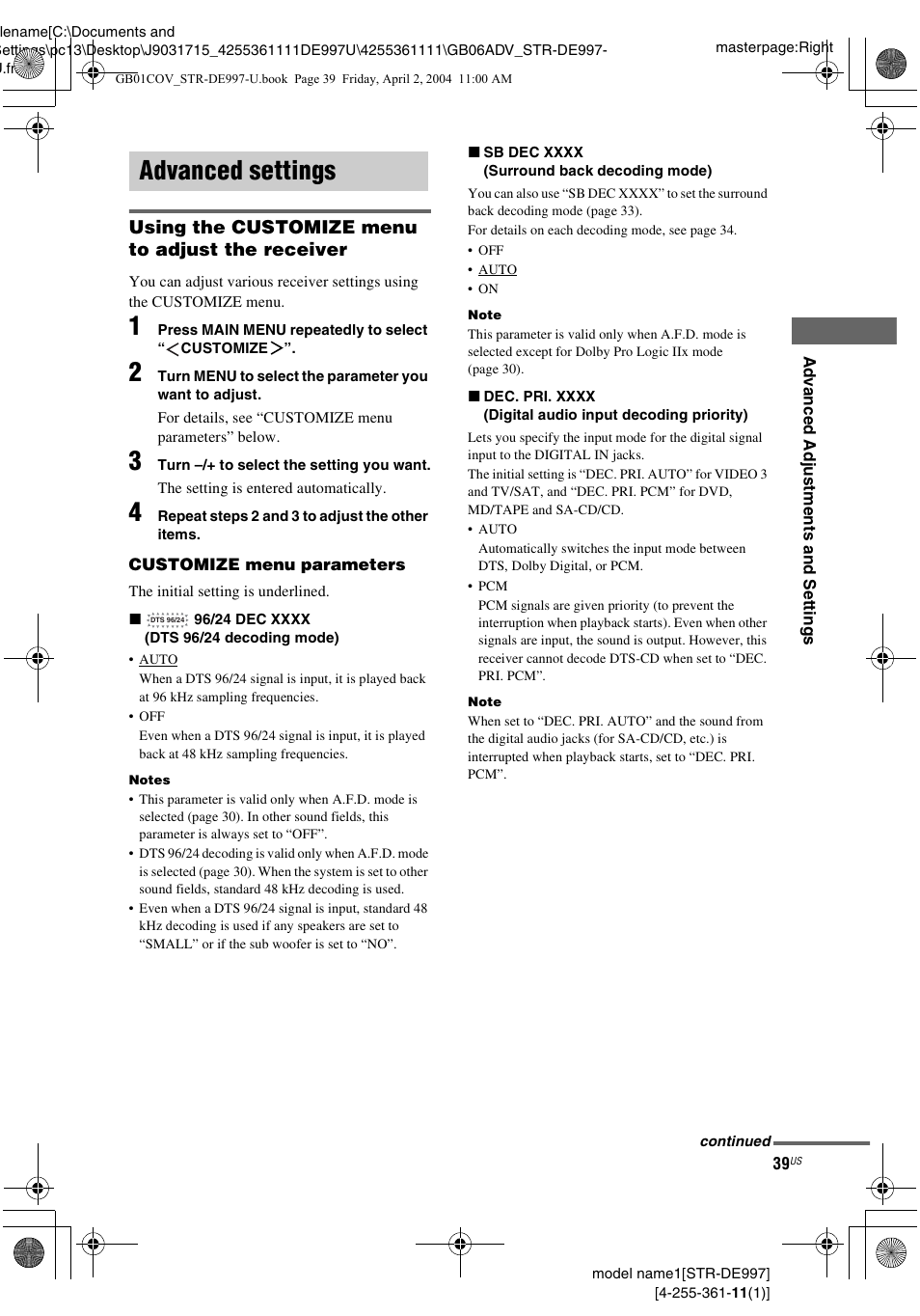 Advanced settings | Sony STR-DE997 User Manual | Page 39 / 64