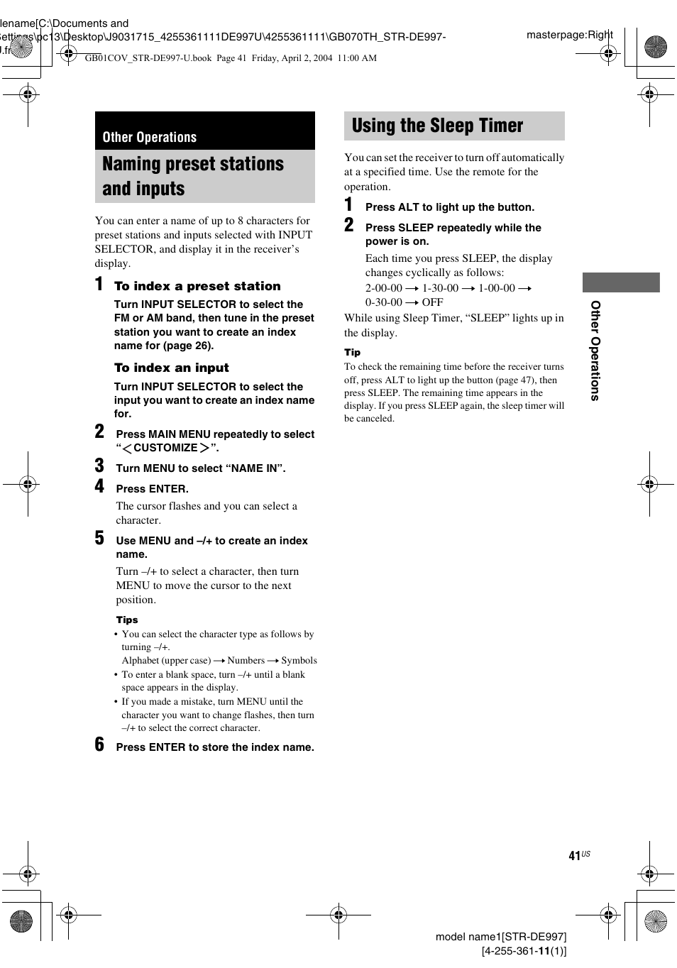 Other operations, Naming preset stations and inputs, Using the sleep timer | Sony STR-DE997 User Manual | Page 41 / 64