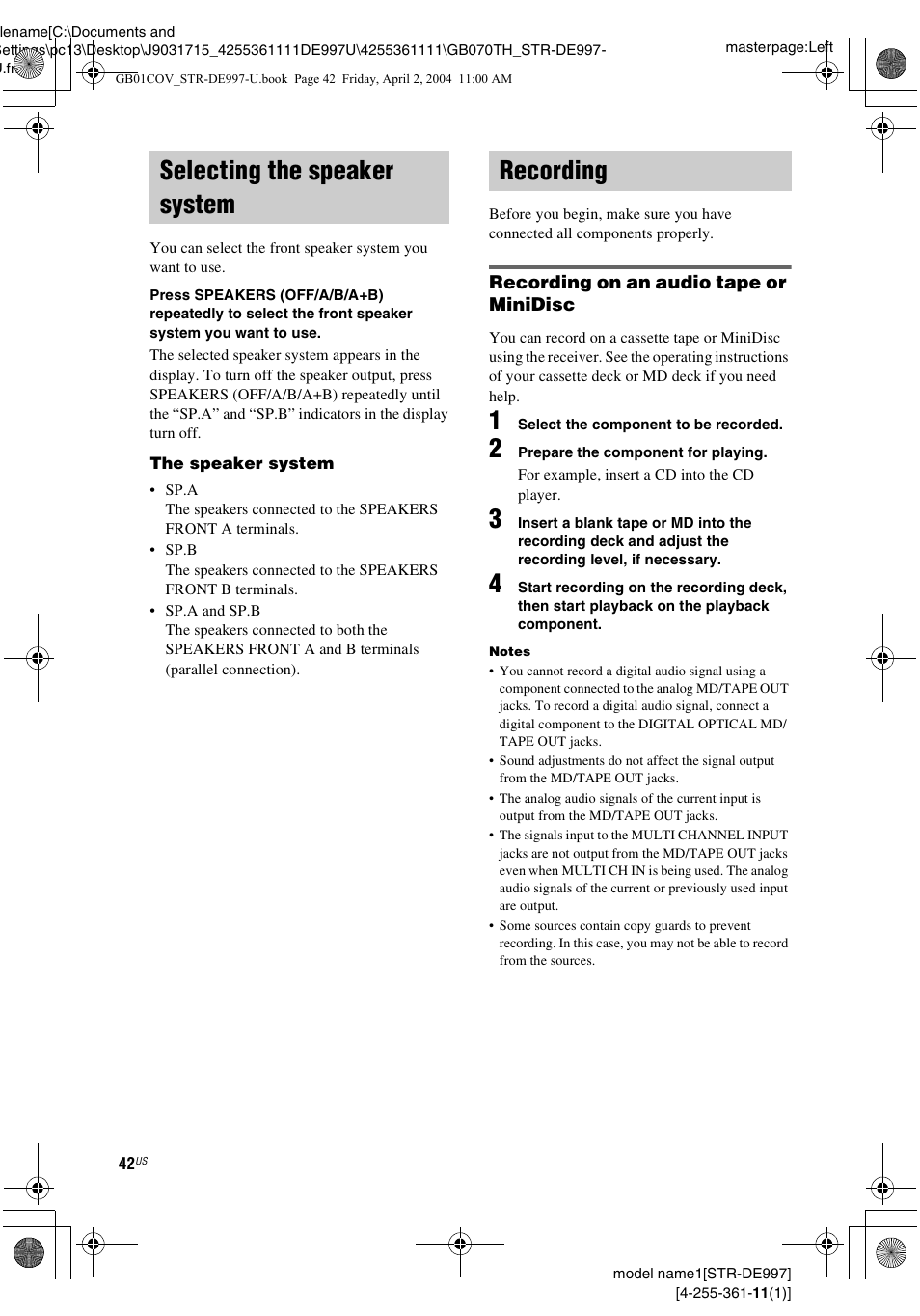 Selecting the speaker system, Recording, Selecting the speaker system recording | Sony STR-DE997 User Manual | Page 42 / 64