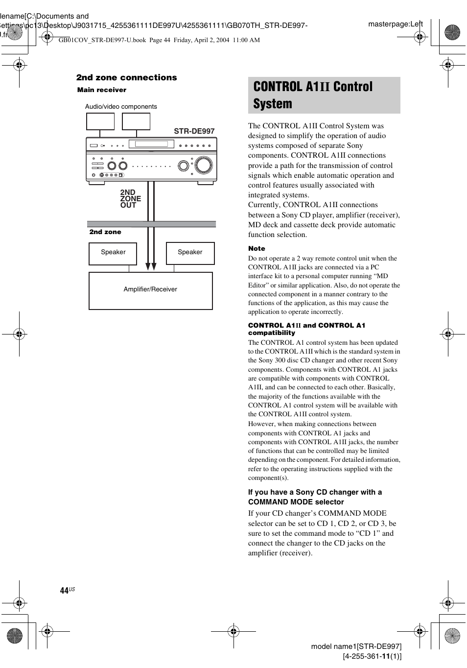 Control a1ii control system | Sony STR-DE997 User Manual | Page 44 / 64