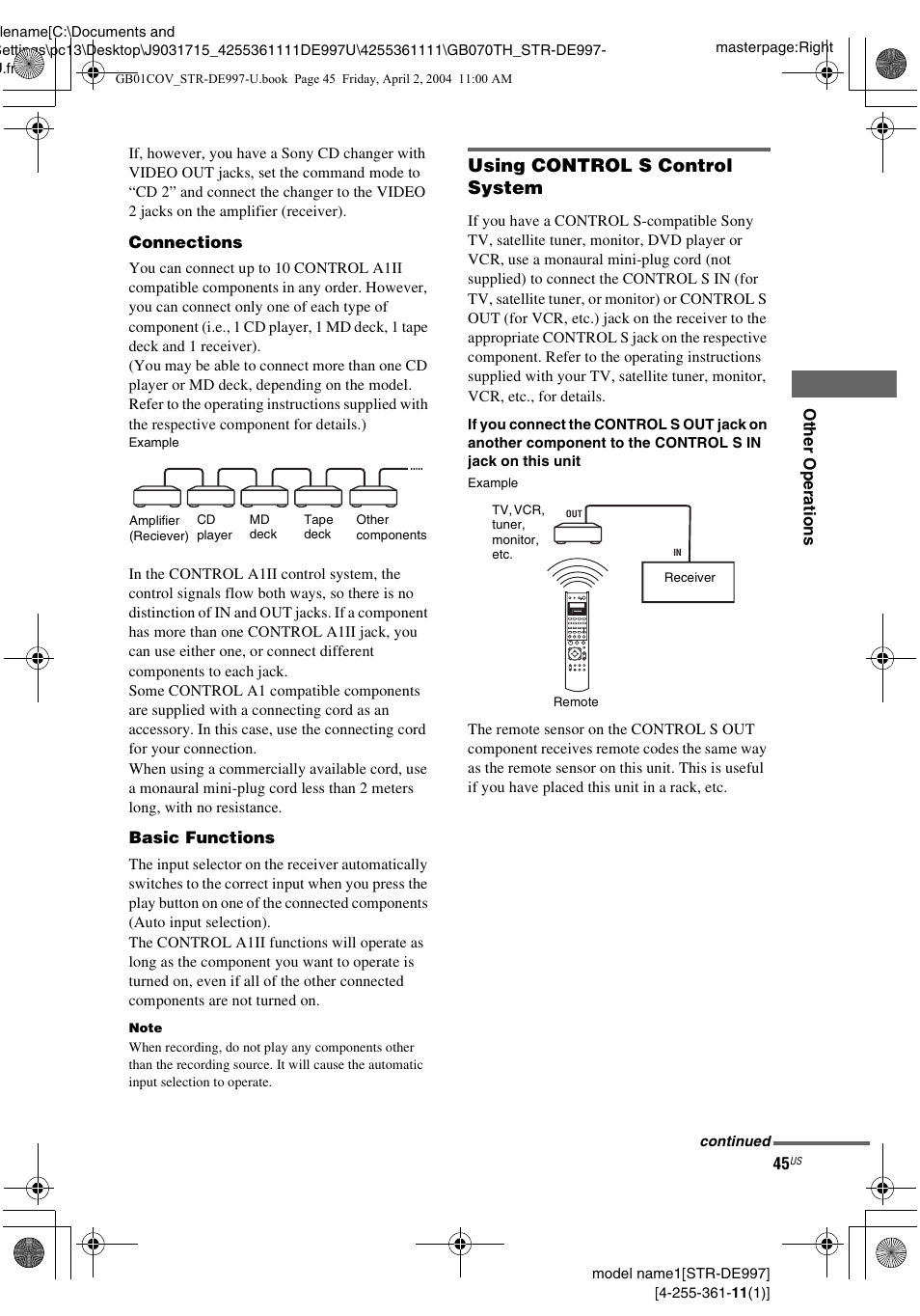 Using control s control system | Sony STR-DE997 User Manual | Page 45 / 64