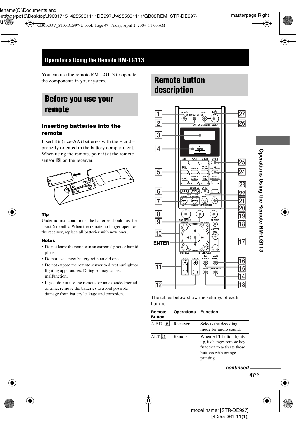 Operations using the remote rm-lg113, Before you use your remote, Remote button description | Wj wh wg wf wa w; qk qh qg qd qf qj ws, Op er ati ons u s ing the r e mo te r m -lg 113, Inserting batteries into the remote, The tables below show the settings of each button | Sony STR-DE997 User Manual | Page 47 / 64