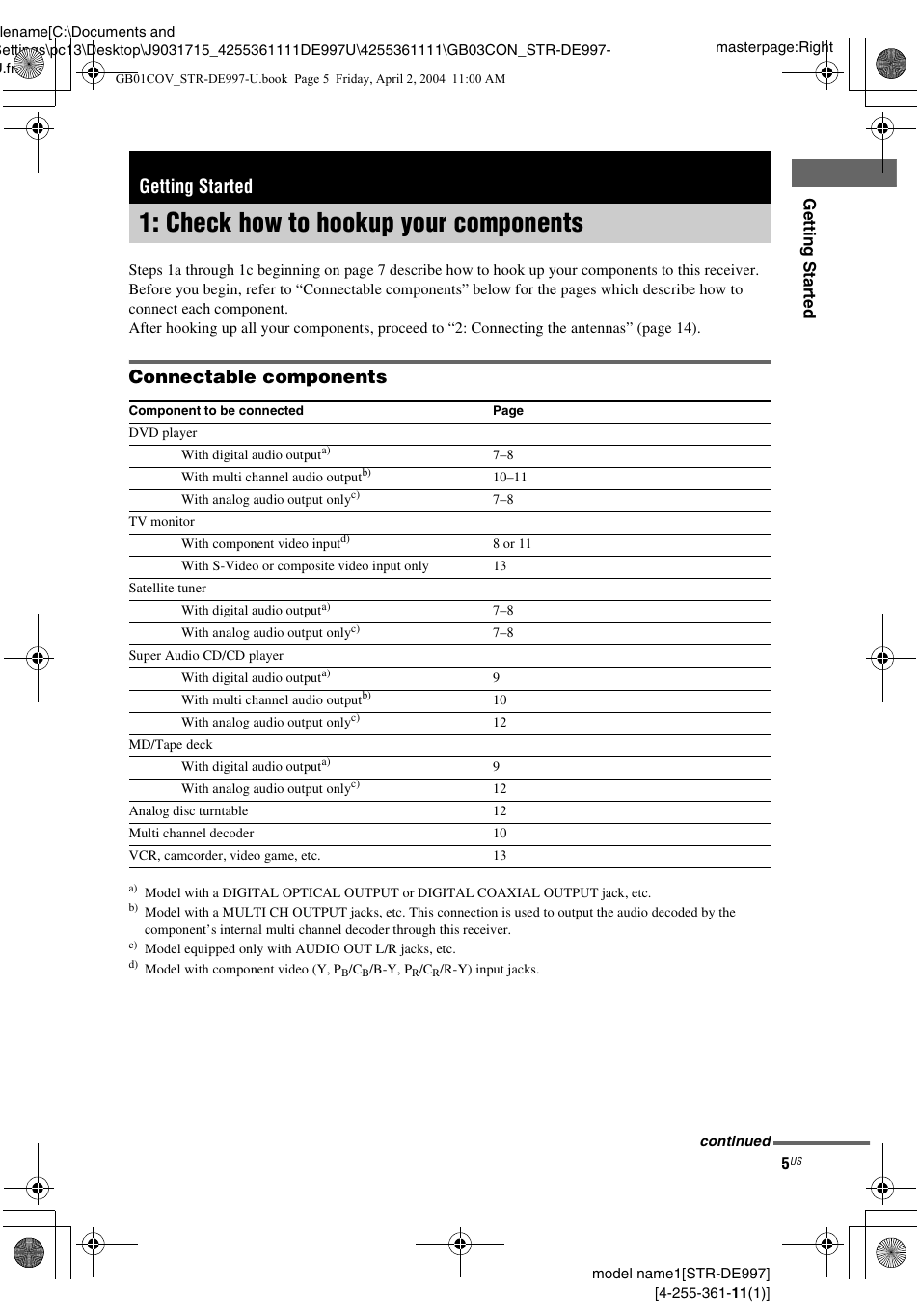 Getting started, Check how to hookup your components, Check how to hookup your | Components, Connectable components | Sony STR-DE997 User Manual | Page 5 / 64