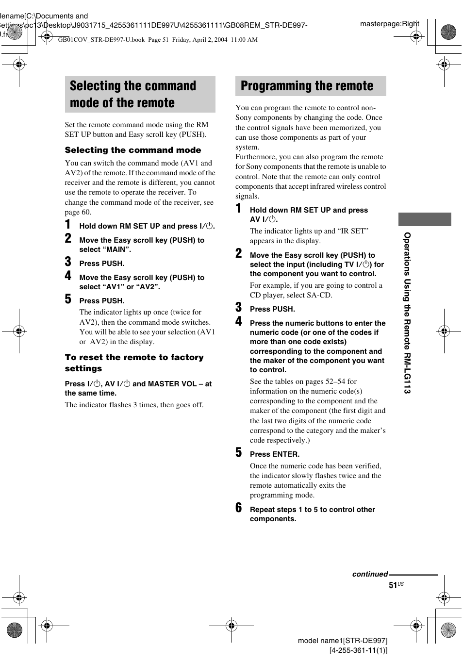 Selecting the command mode of the remote, Programming the remote, Selecting the command mode of the | Remote | Sony STR-DE997 User Manual | Page 51 / 64