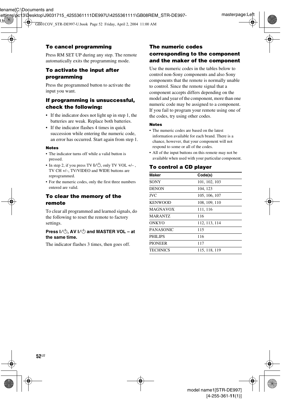 S 52 | Sony STR-DE997 User Manual | Page 52 / 64