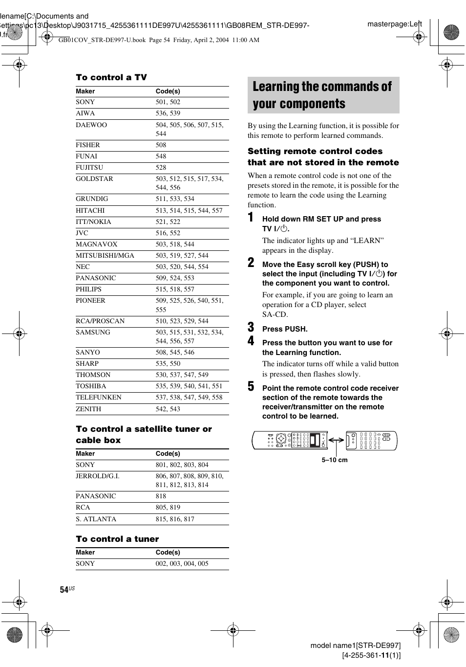 Learning the commands of your components, Learning the commands of your, Components | 54 fo | Sony STR-DE997 User Manual | Page 54 / 64