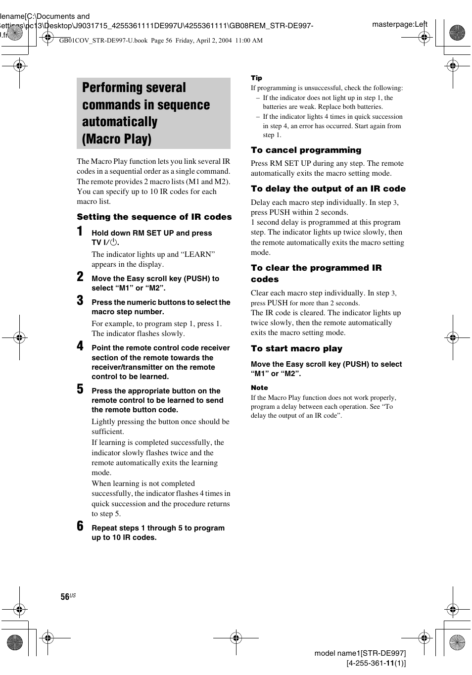 Performing several commands in, Sequence automatically (macro play) | Sony STR-DE997 User Manual | Page 56 / 64