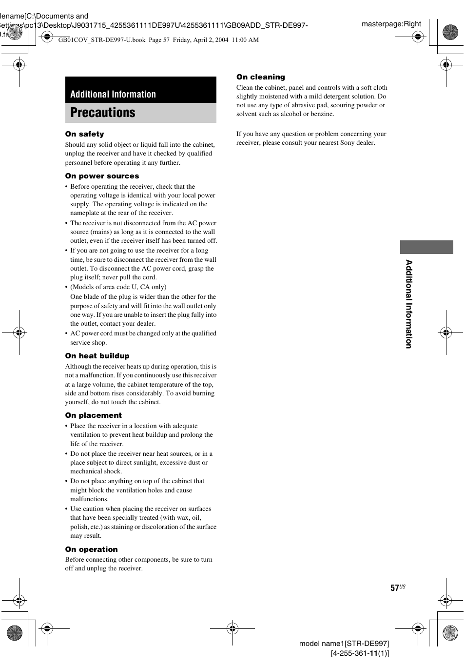 Additional information, Precautions | Sony STR-DE997 User Manual | Page 57 / 64