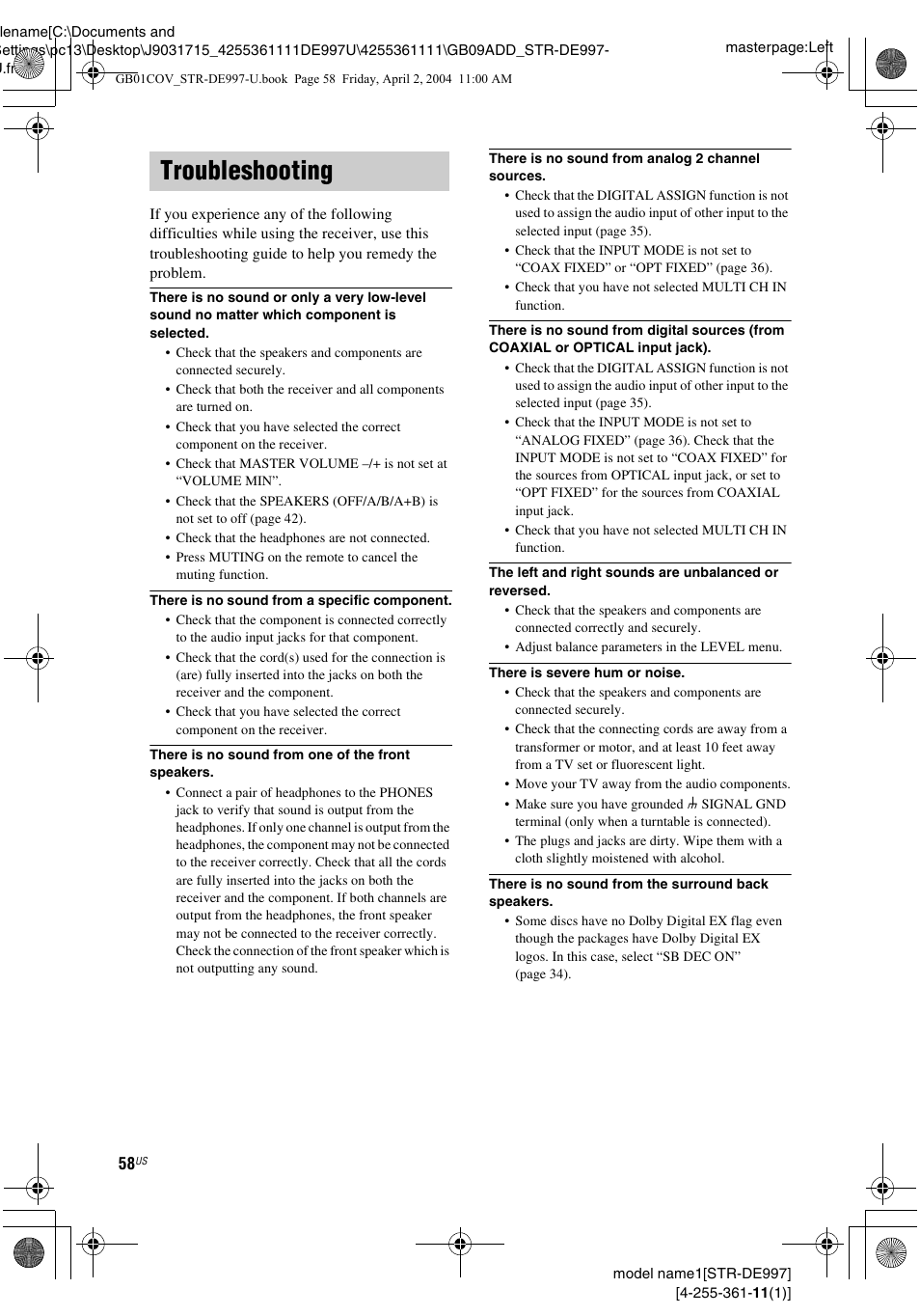 Troubleshooting | Sony STR-DE997 User Manual | Page 58 / 64