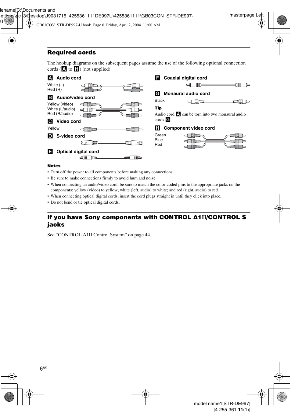 Required cords | Sony STR-DE997 User Manual | Page 6 / 64